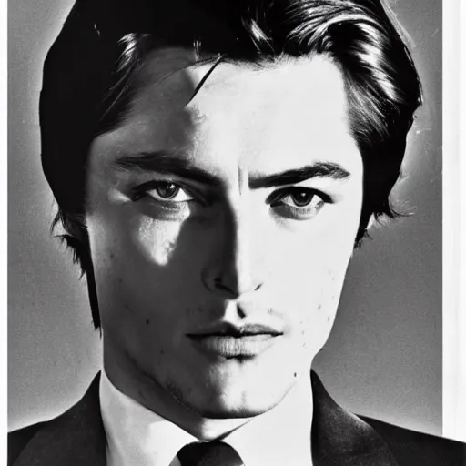 Image similar to stunning symmetrical portrait of alain delon in front of a tall moog synthesizer, high contrast grainy blank and white photography print ilford warm tone