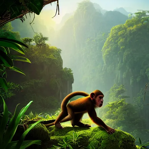 Prompt: monkey in jungle, beautiful dynamic lighting, cinematic, wide angle establishing shot, extremely high detail, photo realistic, cinematic lighting, post processed, concept art, artstation, matte painting, style by frederic church, raphael lacoste, unreal engine 8k