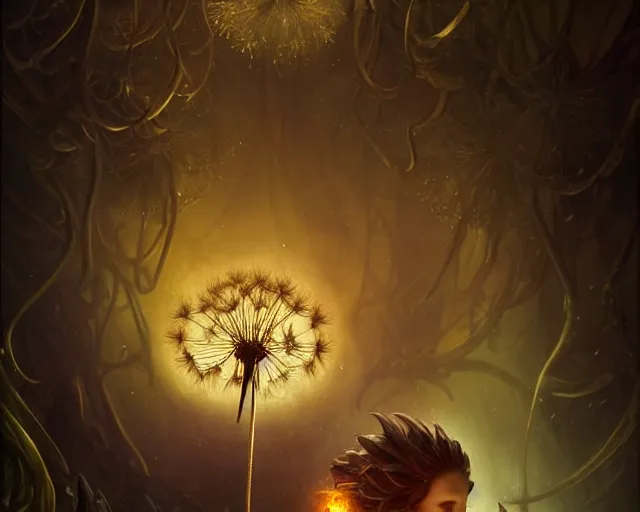 Image similar to 4 k cinematic still portrait of a bipedal dandelion monster in a dark liminal space room, amber glow, deep focus, d & d, fantasy, intricate, elegant, highly detailed, digital art, art station, concept art, matte, sharp focus, illustration, dark fantasy art, hearthstone, art by artgerm and greg rutkowski and alphonse mucha