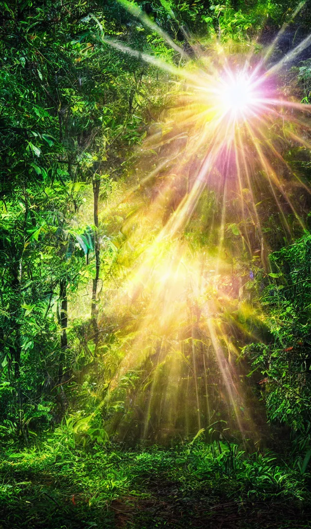 Prompt: a realistic dslr hd picture of colorful sun rays passing through dense jungle trees and falling on leaves on the ground, highly detailed