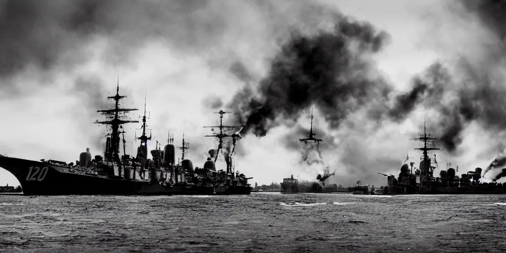 Prompt: naval duel between one steampunk battleship and one dieselpunk battleship, shots fired, clouds of smoke, medium long shot, 120 black and white film