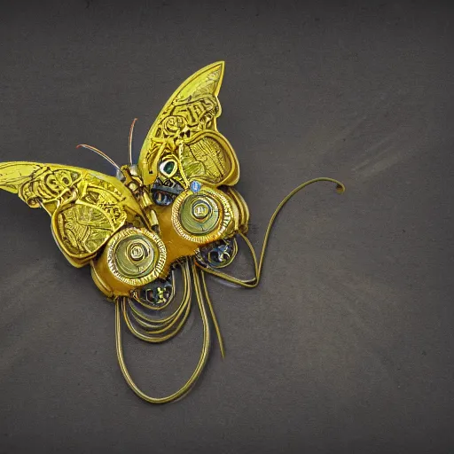 Prompt: steampunk butterfly with open wings. Photorealistic image. Soft yellow light.