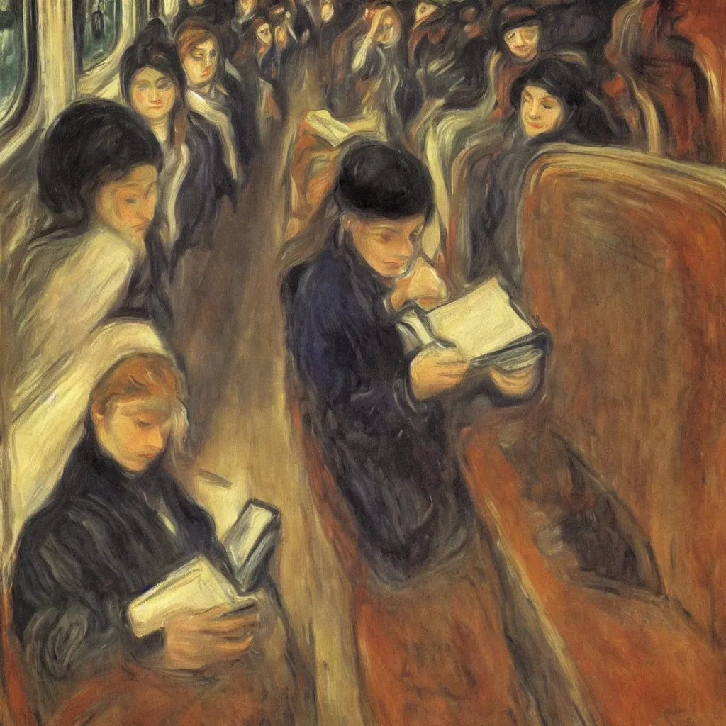 Prompt: a reading girl on the train, canvas, oil paint, cinematic, detailed, artwork by edvard munch