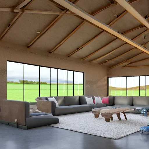 Prompt: interior view of modern futuristic farm barn architecture and interior design showing cows! laying down on sofas and pigs! and chickens! sitting in lounge chairs, wall art, throw pillows, areas rugs, feed troughs, hay, detailed luminescent oil painting 4 k