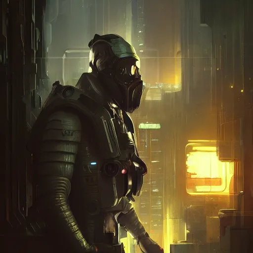 Prompt: portrait scifi art by Greg Rutkowski, a man wearing futuristic riot control gear, claustrophobic and futuristic environment, detailed and intricate environment, high technology, highly detailed portrait, digital painting, artstation, concept art, smooth, sharp foccus ilustration, Artstation HQ.-n 9