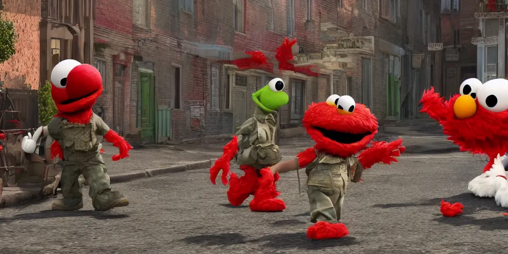 Image similar to realistic scene of elmo street in war, ultra realistic, 8 k