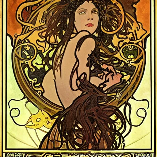 Image similar to lovecraftian protagonist by alphonse mucha