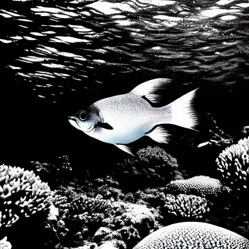 Prompt: a gloomy fish swimming through trees in a black and white forest