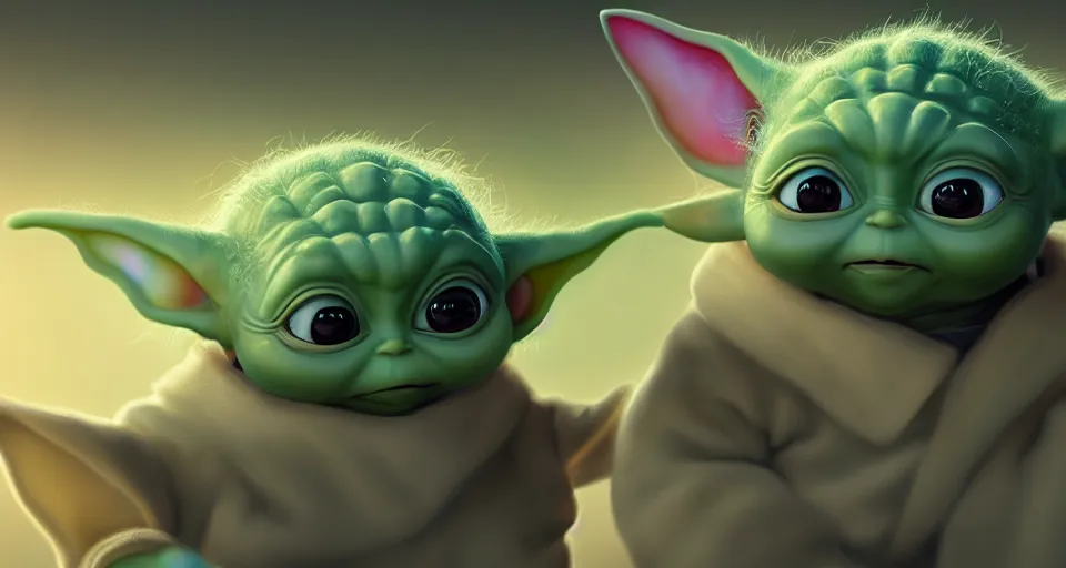 Prompt: a beautiful painting of baby yoda by studio ghibli, gigantic, octane render, brilliantly coloured, intricate, ultra wide angle, trending on artstation, dusk, volumetric lighting, polished, micro details, ray tracing, 8k