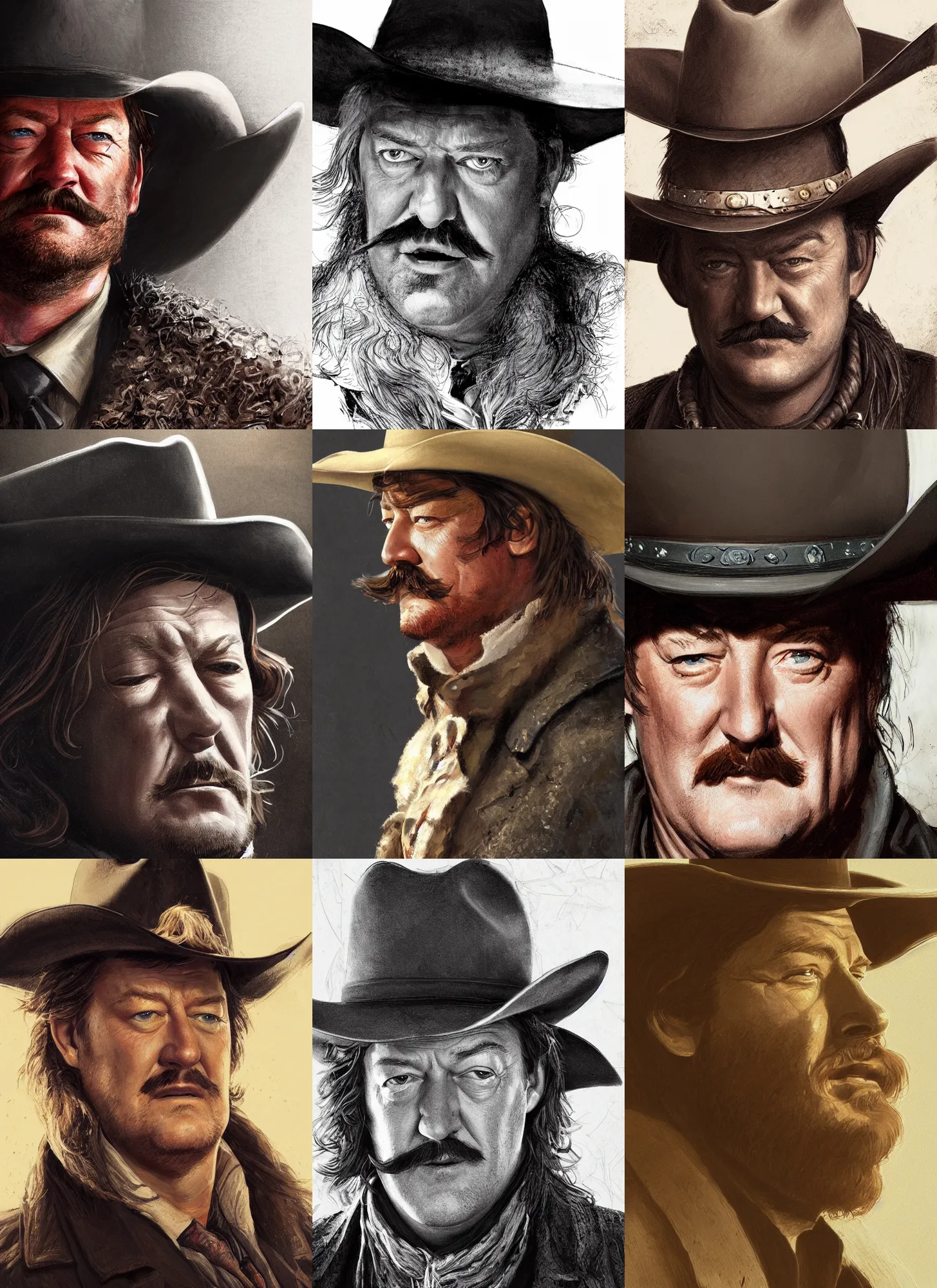 Prompt: portrait close - up, stephen fry, john wayne, karl urban, drunk cowboy redhead long hair, big moustache, black stetson and coat, dusty background, marvel comics, dark, intricate, highly detailed, smooth, artstation, digital illustration, ruan jia, rutkowski, albert bierstadt, frank tenney johnson