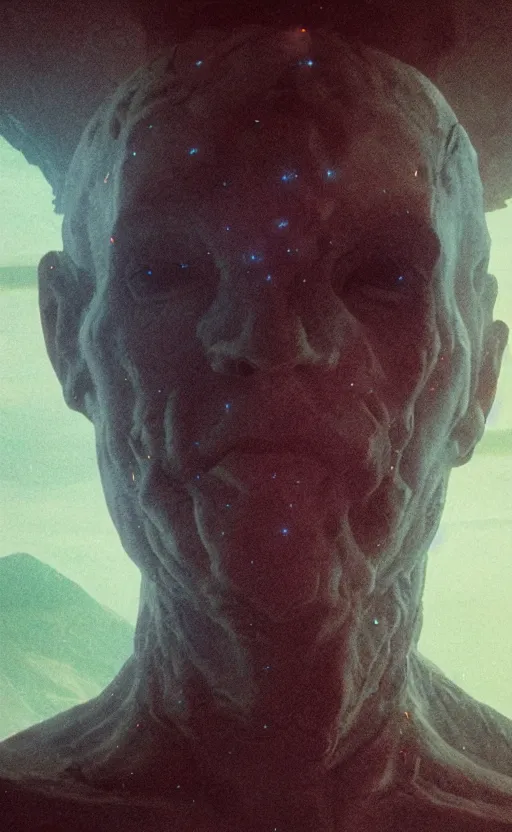 Image similar to extremely detailed cinematic movie still 3 0 7 7 portrait shot of a god of fire 2 5 years old white man hyperreal skin face at the mountain top by denis villeneuve, wayne barlowe, simon birch, marc simonetti, philippe druillet, beeple, bright volumetric sunlight from remote star, rich moody colors, closeup, bokeh