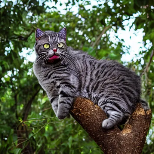 Image similar to mystic cat sitting on a tree and laughing on people that walk nearby