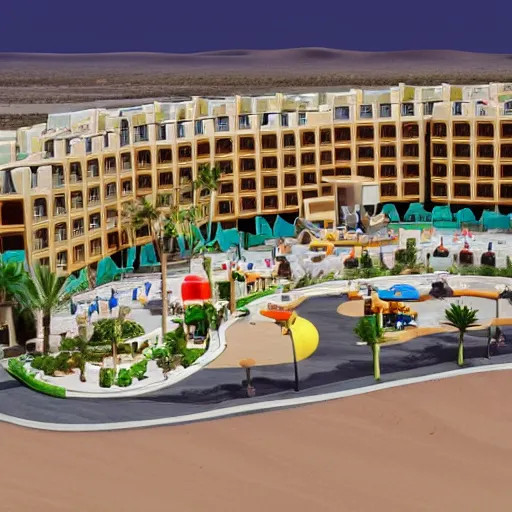 Image similar to baby toy style hotel in the dessert, big scale