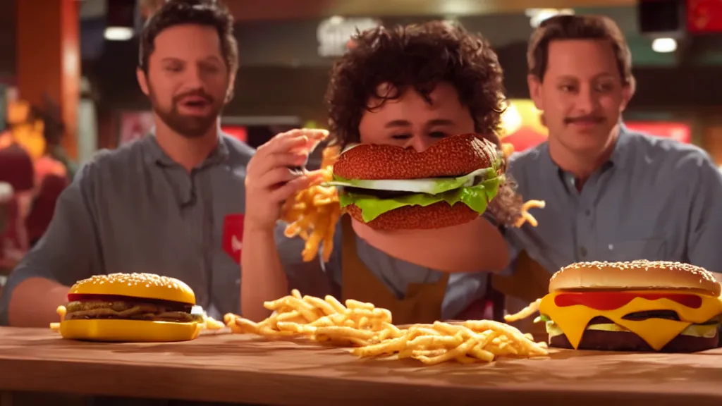 Image similar to the strange creature eats a cheeseburger, at the fast food restaurant, television commercial, studio lighting, extremely professional