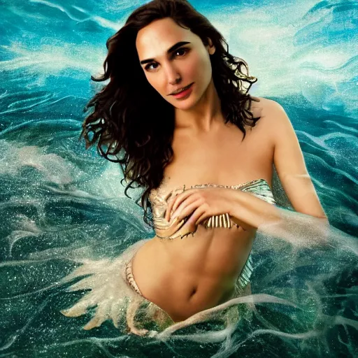 Image similar to Full body photo of the beautiful woman Gal Gadot as a siren, she is swimming, she has a glow coming from her, she is getting illuminated for rays of light that cross the sea, the photo was taking by Annie Leibovitz, matte painting, oil painting, naturalism, 4k, 8k