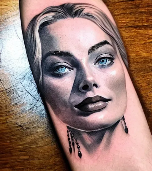 Image similar to tattoo design sketch of margot robbie and beautiful mountain scenery mash up, in the style of arlo dicristina, surrealist, amazing detail, sharp