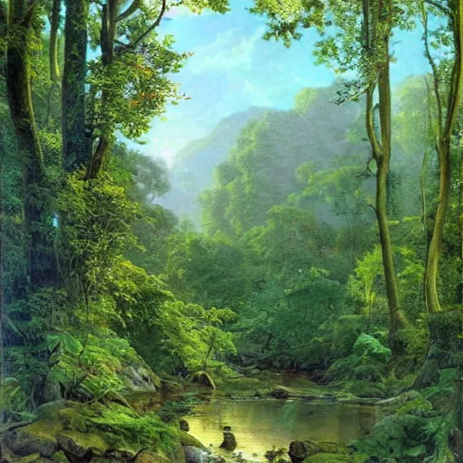 Image similar to A beautiful mixed media art of a serene and picturesque forest scene. The leaves are all different shades of green, and the sunlight is shining through the trees. There is a small stream running through the forest, and the whole scene is surrounded by mountains. avant garde, 3d render by J.C. Leyendecker rhythmic