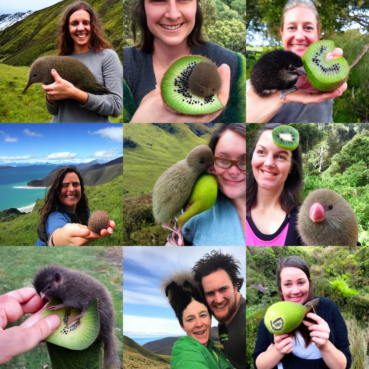 Prompt: A kiwi with a kiwi on a kiwi in New Zealand