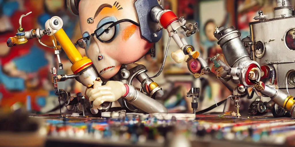 Image similar to closeup portrait of tin toy retro robot painter mixing gouache in an artist workshop, depth of field, zeiss lens, detailed, centered, fashion photoshoot, by nicoletta ceccoli, mark ryden, lostfish, breathtaking, 8 k resolution, extremely detailed, beautiful, establishing shot, artistic, hyperrealistic, octane render