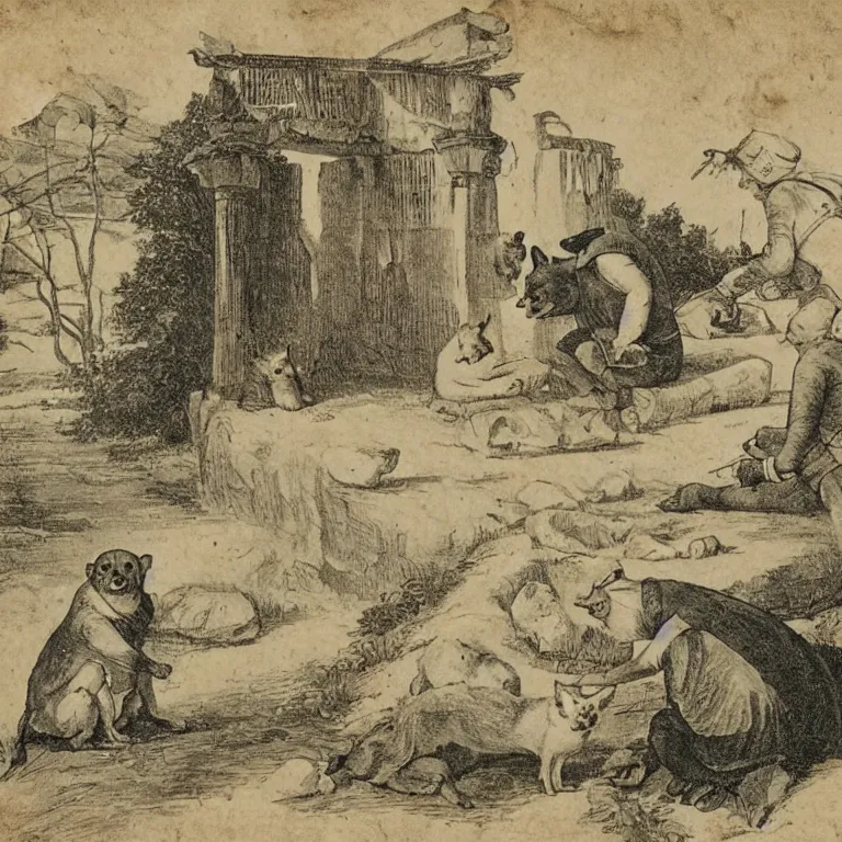 Prompt: 18th century photo of archeologists finding a shiba inu themed temple