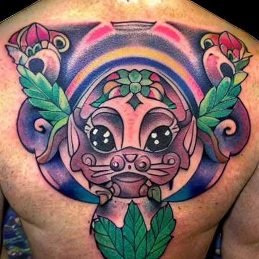 Image similar to shoulder tattoo of a multicolored hallucinating meditaing cute bush baby, eyes are rainbow spirals, happy mood, surrounded with colorful magic mushrooms and rainbow marihuana leaves, insanely integrate