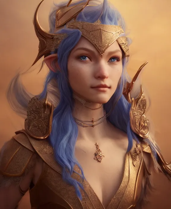 Image similar to a regal elf with long blue windswept hair in a rose gold breastplate, 3 d render by mandy jurgens, artgerm, and lu ji, centered, artsation contest winner, cgsociety, fantasy art, cryengine, concept art, photorealism, daz 3 d, sketchfab, zbrush, vray