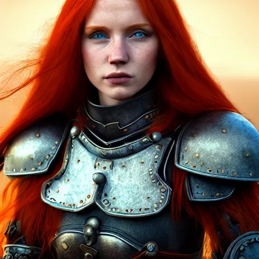 Prompt: north female warrior, red hair, ginger hair, fantasy, high detailed, photography, cloudy, lightweight armor, Scandinavia, plain, Authentic, detailed face, cute face, model, glowing skin, blue eyes, professional photographer, masterpiece, 8k, 3D