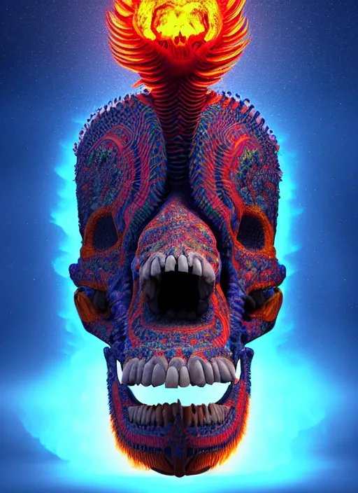Image similar to 3 d totem portrait, sigma 5 0 0 mm f / 5. global illumination beautiful intricate highly detailed quetzalcoatl skull and feathers. bioluminescent, plasma, lava, ice, water, wind, creature, thunderstorm! artwork by tooth wu and wlop and beeple and greg rutkowski, 8 k trending on artstation,