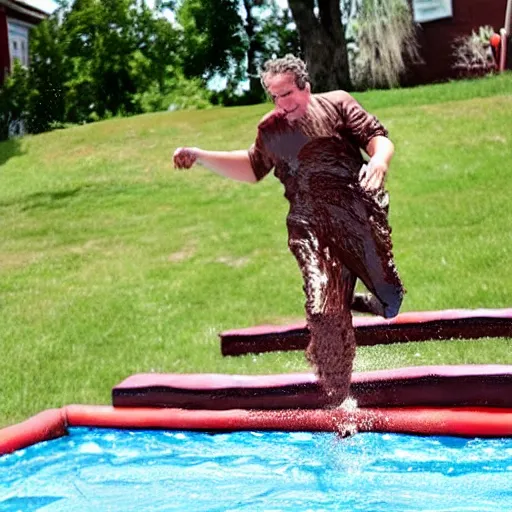 Prompt: person sliding through chocolate pudding head first, slip n slide