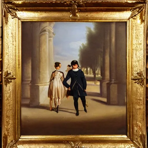 Image similar to an oil panting of a young napoleon with her girlfriend, walking in paris