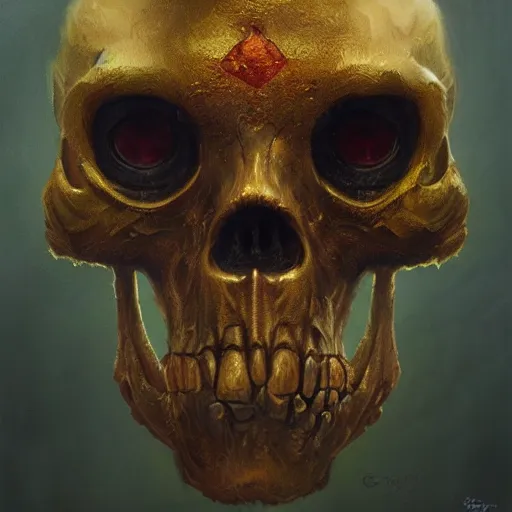 Prompt: a golden skull monkey with ruby eyes, by greg rutkowski and anton semenov, oil on canvas, dark fantasy, deviant art