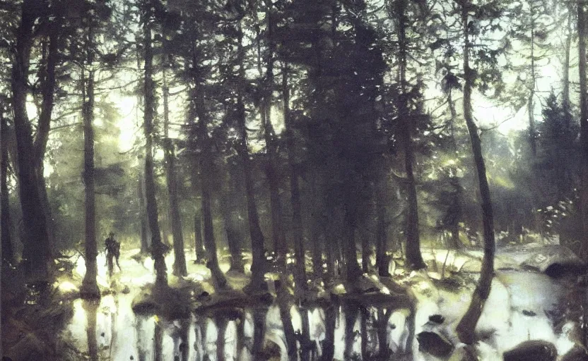 Image similar to oil painting by anders zorn, wild forest, very very very very beautiful art, dramatic light, strong shadows, reflections