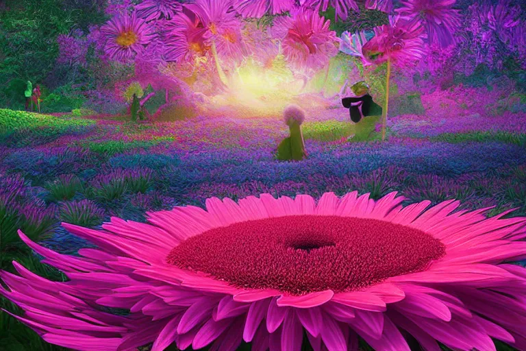 Image similar to beautiful field of giant gerber daisy flowers digital illustration by dr. seuss : 1 | colorful surreal psychedelic megaflora forest by beeple : 1