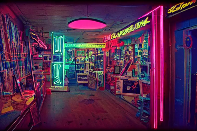 Image similar to neon skeleton shopping, inside of a 1970s music store store, neon lights, dirty, ektachrome photograph, volumetric lighting, f8 aperture, cinematic Eastman 5384 film