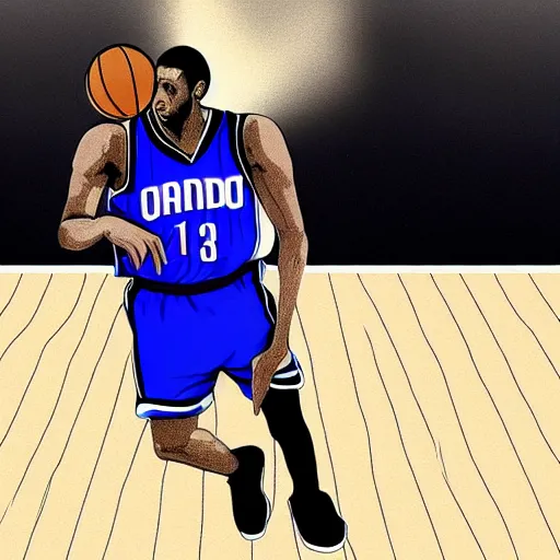 Prompt: a dark fantasy illustration of Tracy McGrady playing basketball for the Orlando Magic