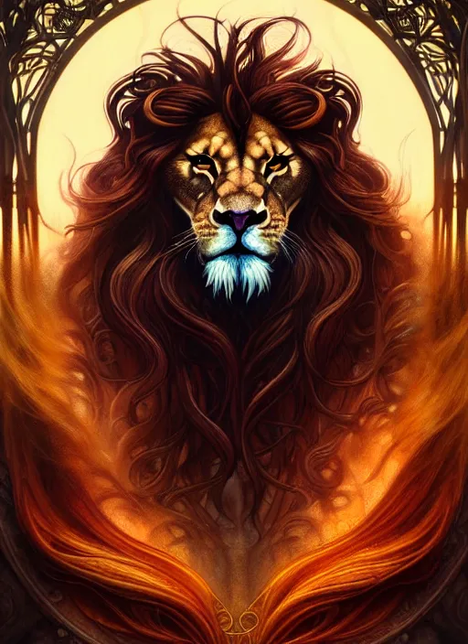 Image similar to portrait of demigod hercules, long wavy auburn hair, lion mane, glowing eyes, volumetric lights, forest, art nouveau botanicals, gothic, intricate, highly detailed, digital painting, artstation, concept art, smooth, sharp focus, symmetric face, illustration, steampunk, art by artgerm and greg rutkowski and alphonse mucha