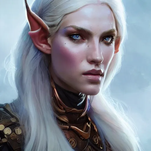 Prompt: A head-on detailed oil fantasy portrait of a pretty elf woman with subtle copper horns, long blonde hair and bright copper irises, by greg rutkowski and artgerm, trending on artstation, dungeon and dragons art