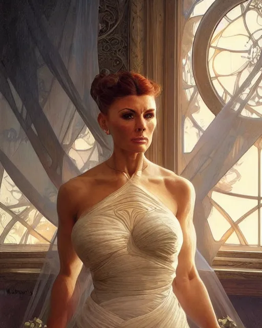 Image similar to Portrait of Jean Luc Picard marrying Jodie Marsh, real life skin, intricate, elegant, highly detailed, artstation, concept art, smooth, sharp focus, art by artgerm and greg rutkowski and alphonse mucha