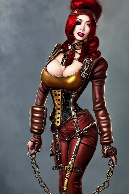 Prompt: Steampunk Pin-up girl, alluring, latina skin, red hair, long straight hair, fully armor, red corset, black skintight bodysuit underneath armor!, brass colored armor coat, gears, goggles on forehead, posing, trending on artstation, artstationHD, artstationHQ, acrylic painting, realism