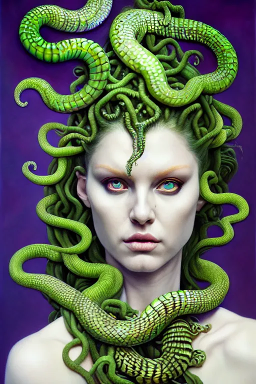 Prompt: hyperrealistic mixed media painting of beautiful Medusa, green scaley serpents in her hair, pale skin, serious evil expression, full body, stunning 3d render inspired art by P. Craig Russell and Barry Windsor-Smith + perfect facial symmetry + dim volumetric lighting, 8k octane beautifully detailed render, post-processing, extremely hyperdetailed, intricate, epic composition, grim yet sparkling atmosphere, cinematic lighting + masterpiece, trending on artstation, very very detailed, masterpiece, stunning