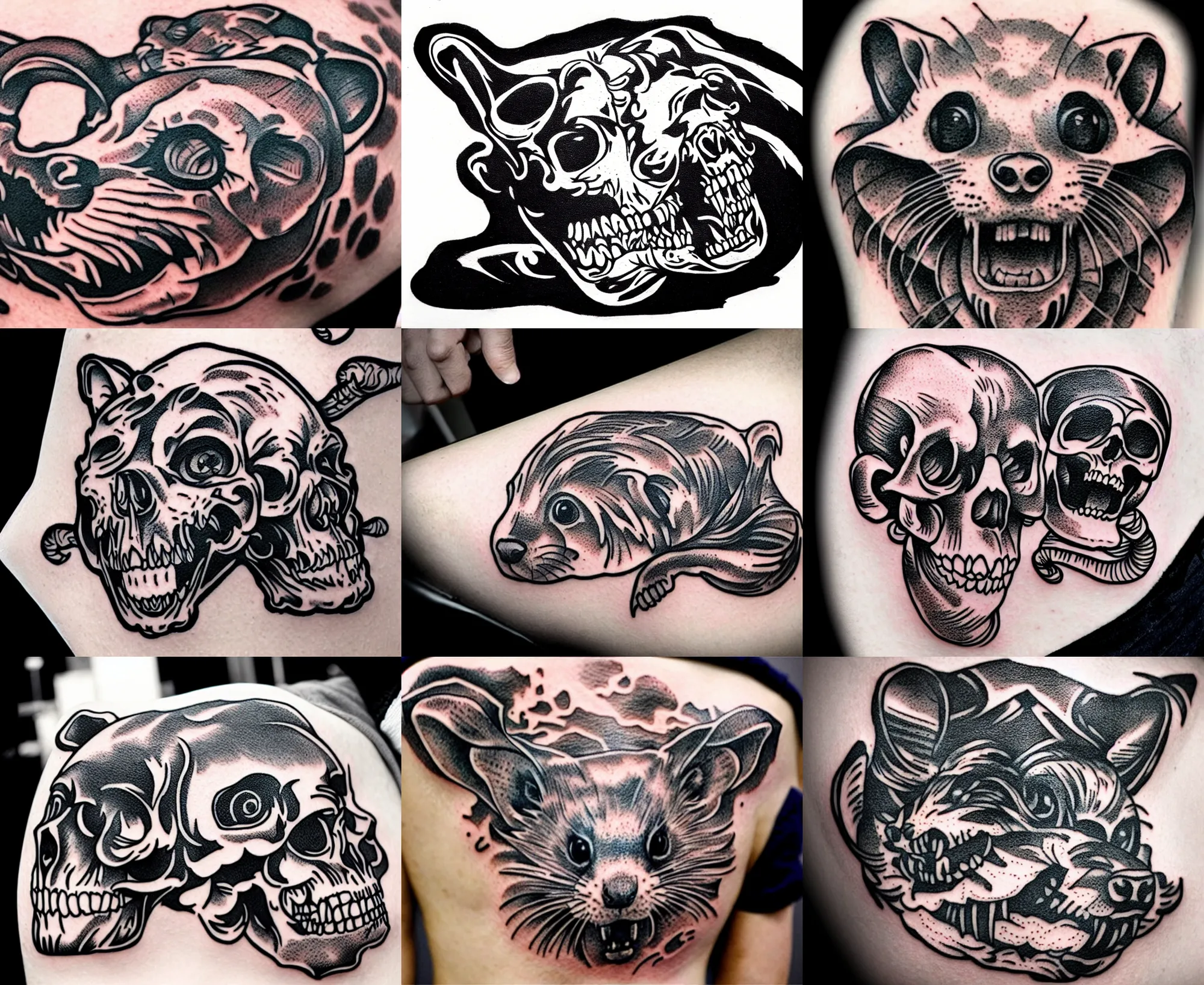 Prompt: detailed tattoo stencil, ferret crawling on human skull