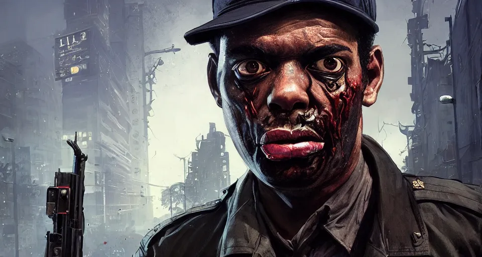 Image similar to highly detailed portrait black police officer zombie in gta v, angry and rotting, stephen bliss, unreal engine, fantasy art by greg rutkowski, loish, rhads, ferdinand knab, makoto shinkai and lois van baarle, ilya kuvshinov, rossdraws, tom bagshaw, global illumination, detailed and intricate environment