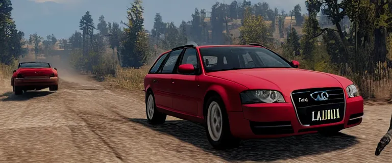 Prompt: Audi A4 B6 Avant (2002) chasing a bandit on a horse in Red Dead Redemption 2