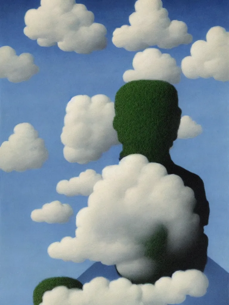 Prompt: portrait of a cloud man by rene magritte, detailed painting, hd, hq, high resolution, high detail, 4 k, 8 k