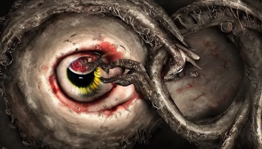 Prompt: Big budget horror movie about a cyborg doing an autopsy on a giant squid's eyeball