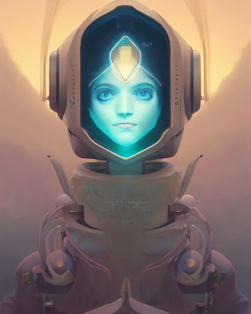 Image similar to highly detailed surreal vfx portrait of a sacred robot, stephen bliss, unreal engine, greg rutkowski, loish, rhads, beeple, makoto shinkai and lois van baarle, ilya kuvshinov, rossdraws, tom bagshaw, alphonse mucha, global illumination, detailed and intricate environment