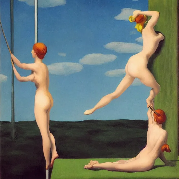 Image similar to pole dancing fairies, Edward Hopper and Rene Magritte, highly detailed