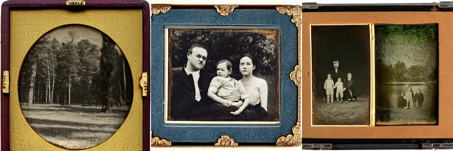 Prompt: family photo, trees by a river, daguerreotype, beautiful