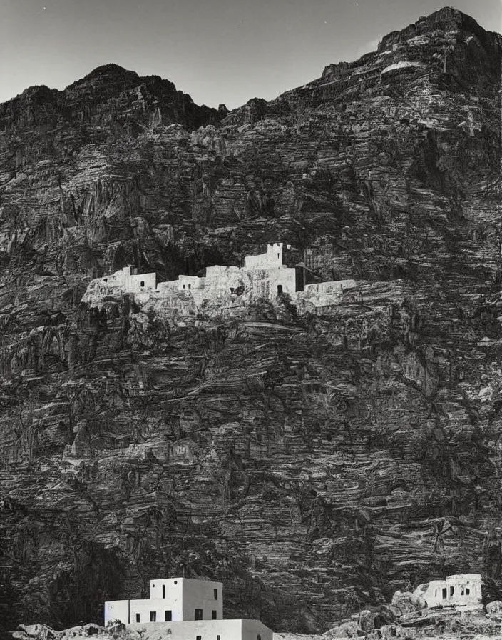 Image similar to a building in a stunning landscape by Ansel Adams