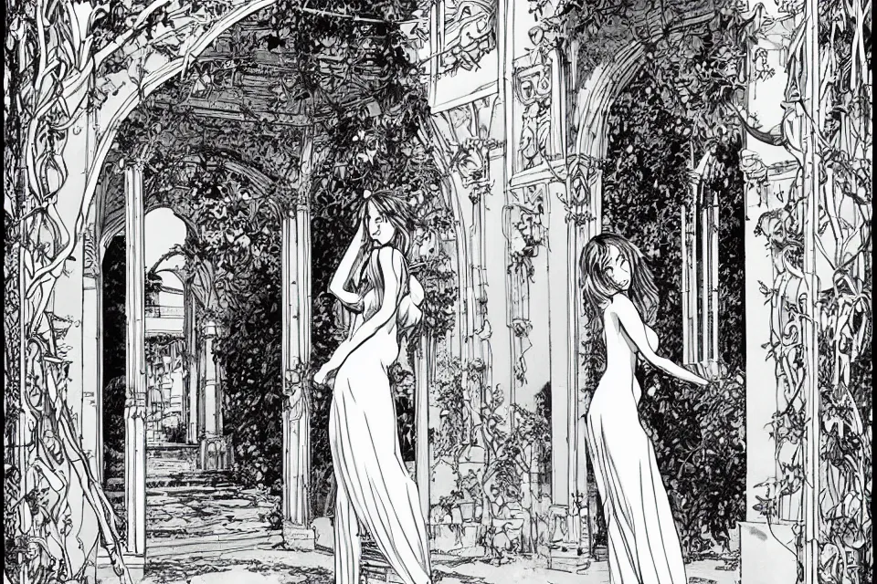 Image similar to beautiful woman at the entrance of the temple of desire by milo manara and apollonia saintclair and milo manara